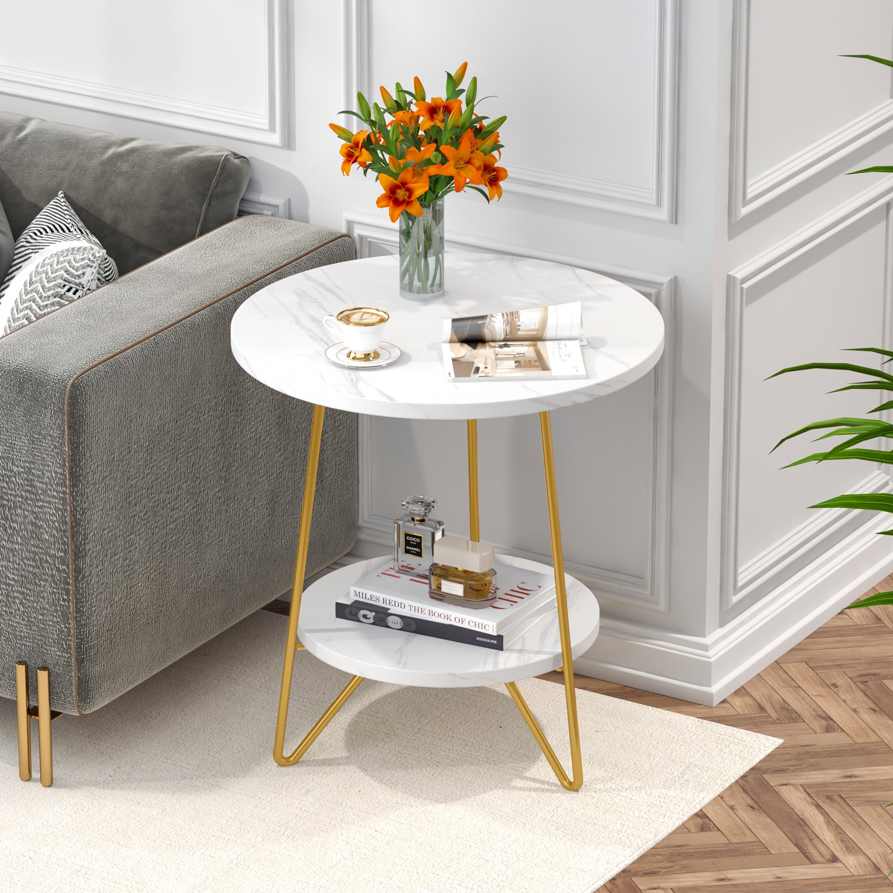 Tribesigns Faux Marble End Table, 2 Tier Round Side Table with Shelves, Modern image 2