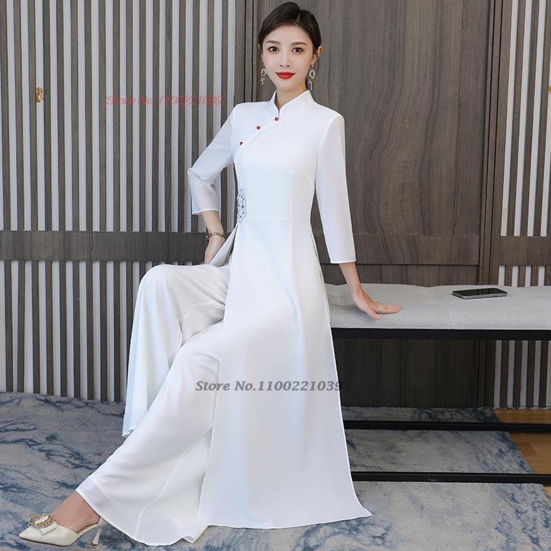 2024 traditional vietnam ao dai vintage dress+pants set national flower embroid image 1