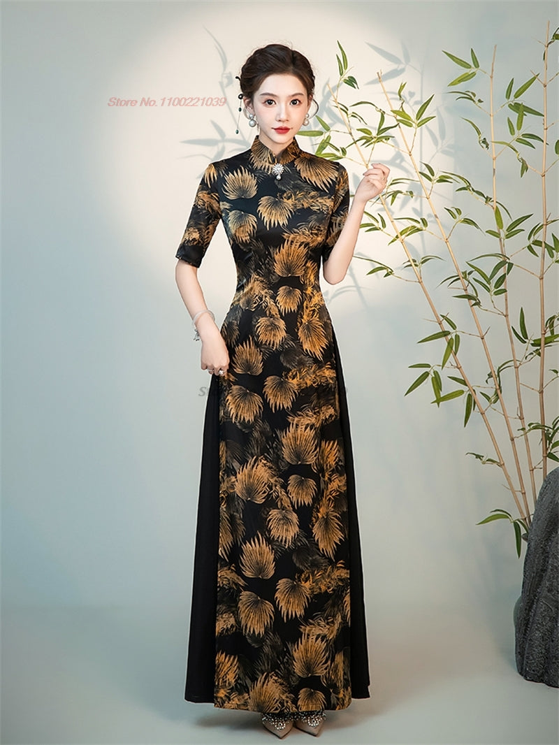 2024 vietnam traditional dress aodai chinese vintage qipao national flower prin image 4