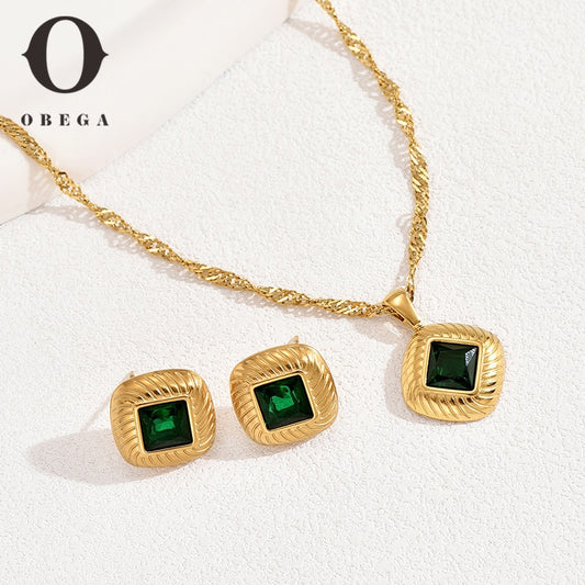 Obega Vintage Emerald Green Zircon Gold Color Woman's Jewelry Set Textured Gems image 0