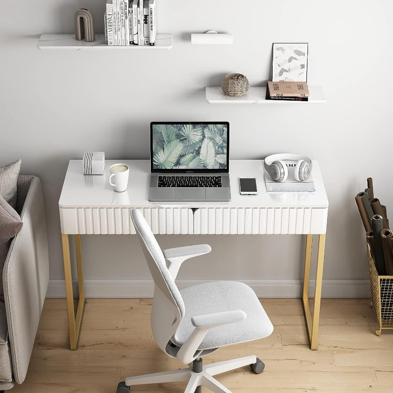 White Vanity Desk with 2 Drawers, Gold and White Desk,Home Office Desk Modern M image 1