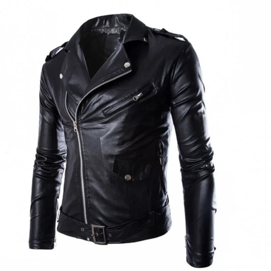 Fashion  PU Leather Jacket Men Buckle Zip Lapel Collar British  Black White Pun image 0