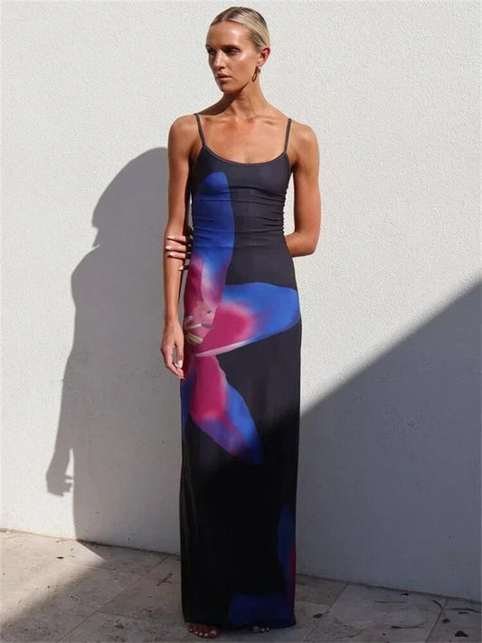 Tossy Printed Spaghetti Hot Backless Maxi Dress Women Fashion Slim Elegant Cont image 0