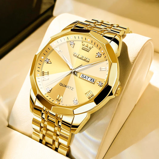 TAXAU New Watch For Men Rhombus Original Quartz Waterproof Wristwatch Gold Stai image 0