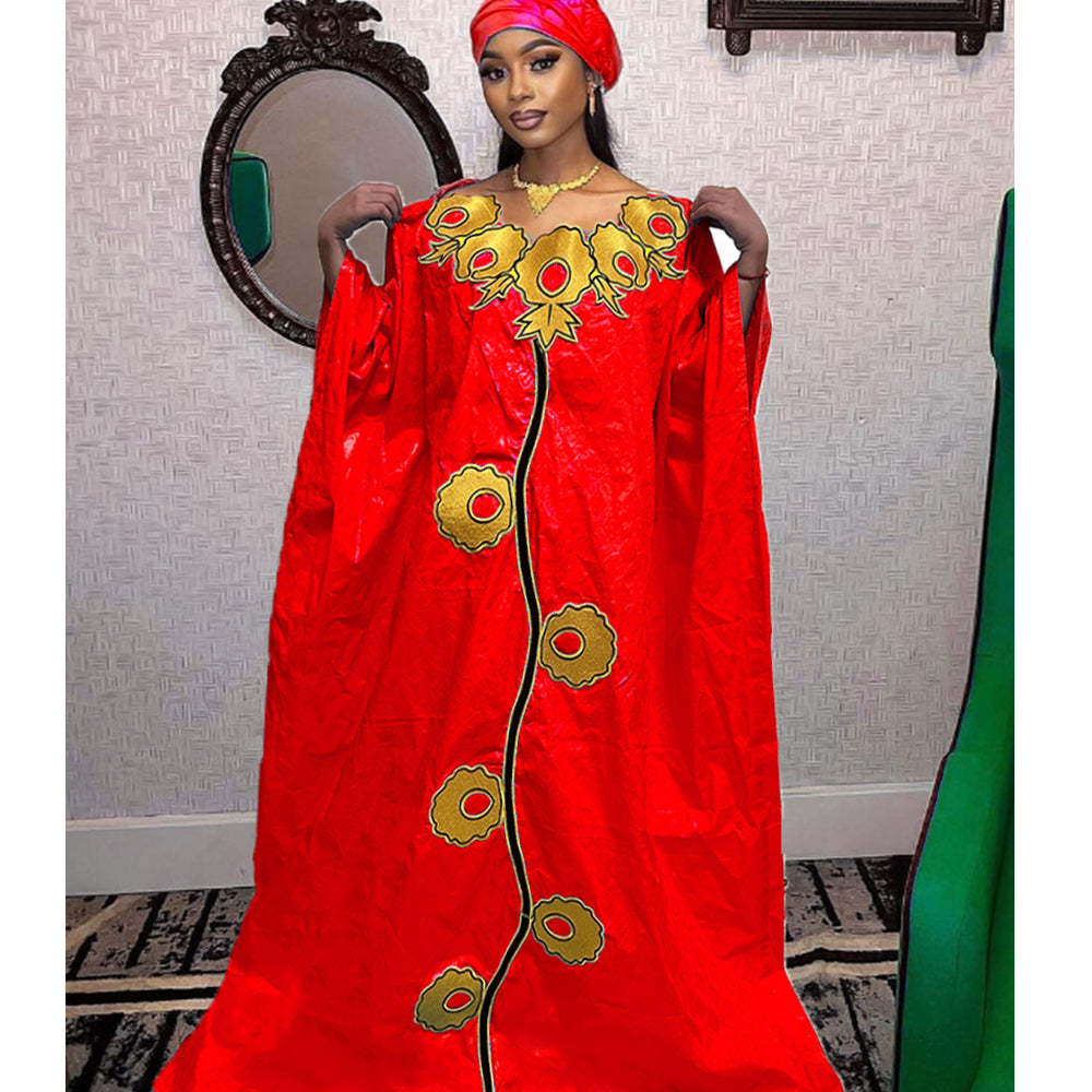 High Quality African Women Bazin Riche Dresses With Headscarf Embroid Stone Nig image 4