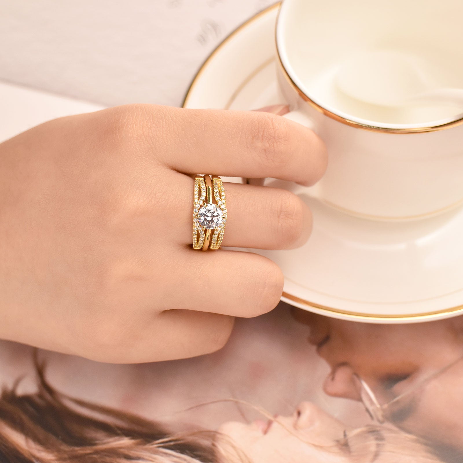 Newshe Yellow Gold Color 925 Silver Solitaire Brilliant Round Engagement Rings image 0