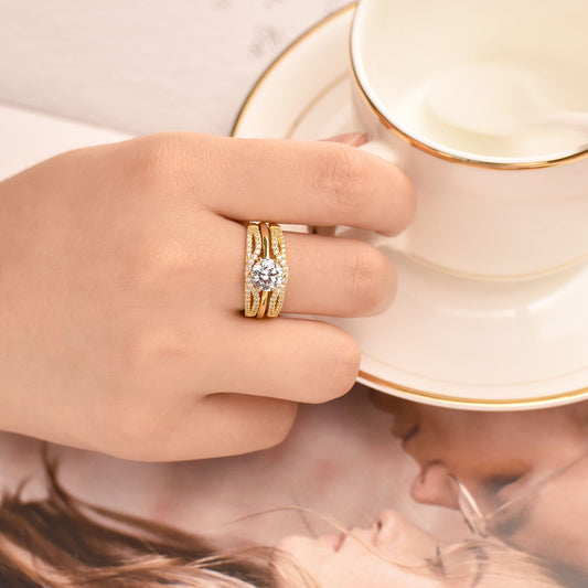 Newshe Yellow Gold Color 925 Silver Solitaire Brilliant Round Engagement Rings image 0