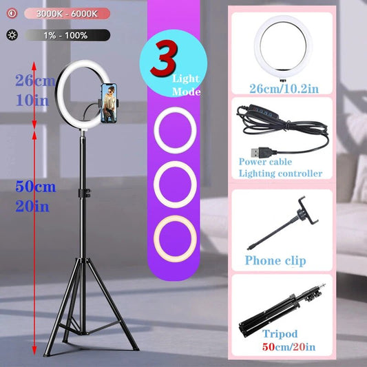 10" LED Selfie Ring Light  Circle Fill Light Dimmable Round Lamp Tripod Trepied image 0