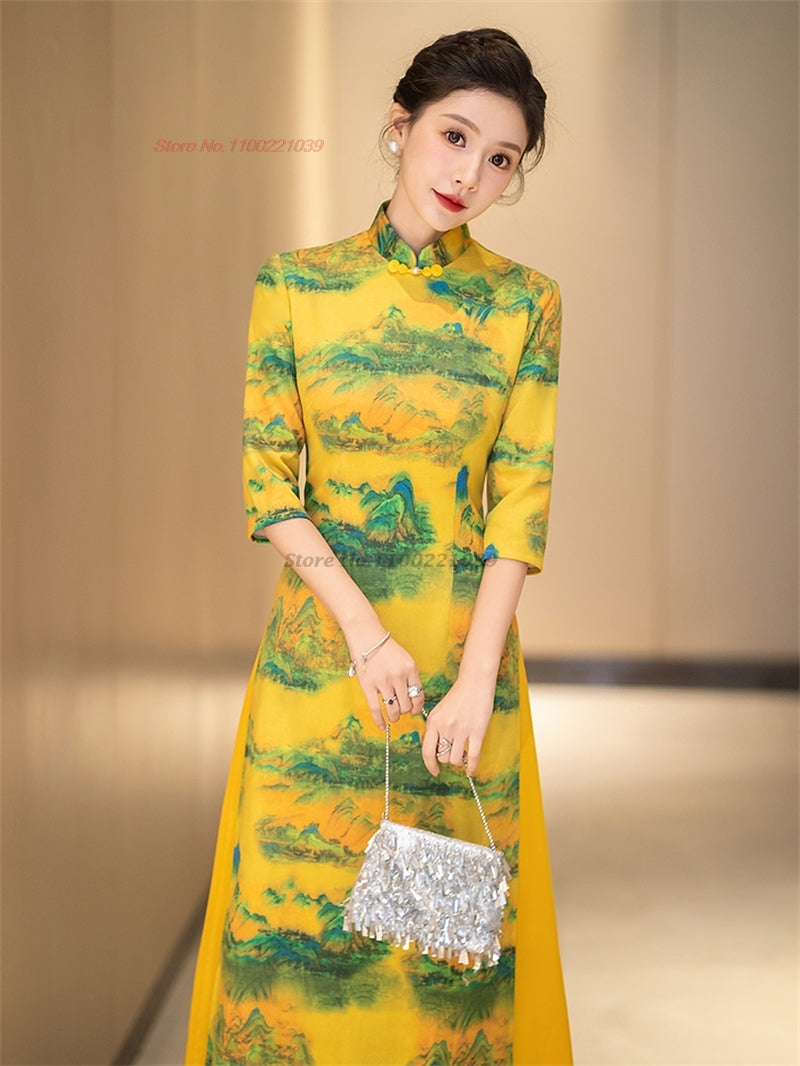 2024 chinese improved qipao dress vintage flower print cheongsam vietnam ao dai image 2