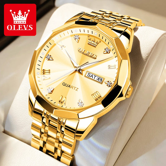 OLEVS Men‘s Watches Gold Original Quartz Wristwatch Waterproof Luminous image 0