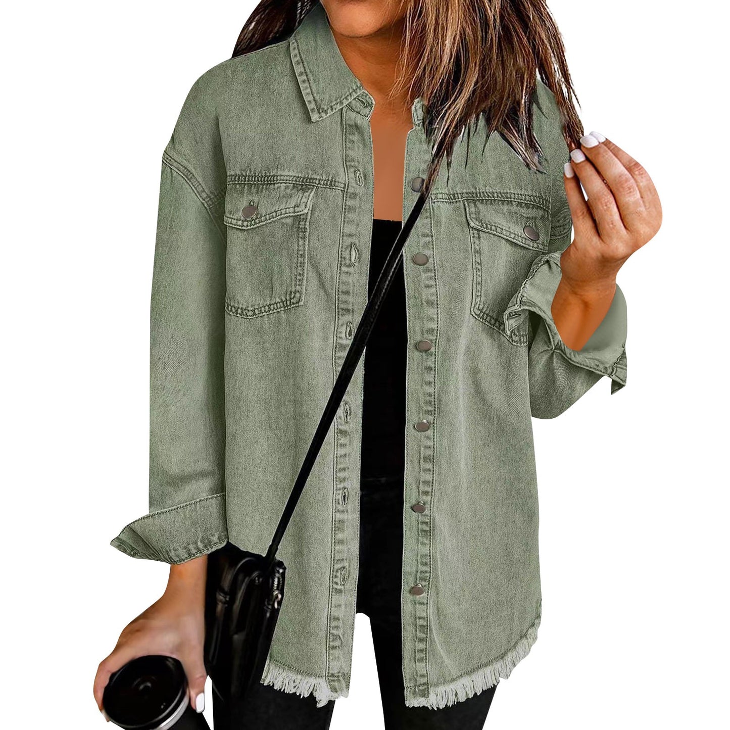 Women'S Fashion Denim Shirt Jacket Milled Hem Button Casual Long Sleeve Jacket  image 8