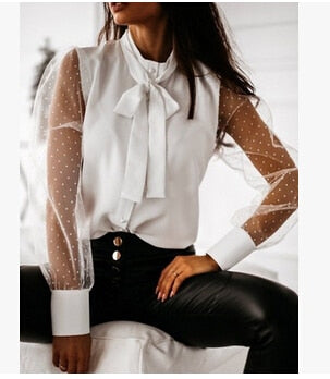 Imcute Shirts OL Women Elegant Mesh Sheer See Through Long Sleeve Patchwork Tops image 7