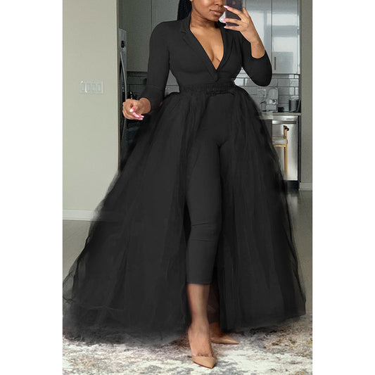 Plus Size Casual  V Neck Tulle Solid Long Sleeve Pants Jumpsuits image 0