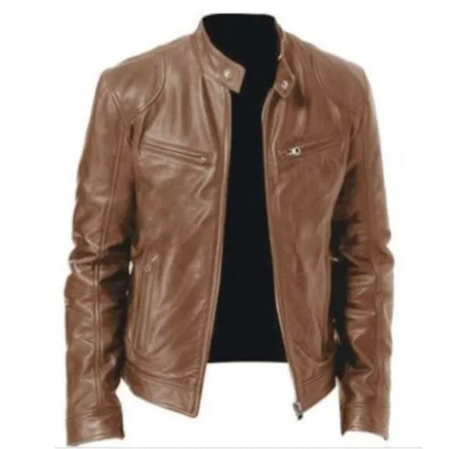 2023 Mens Fashion Leather Jacket Slim Fit Stand Collar PU Jacket Male Anti-wind image 3