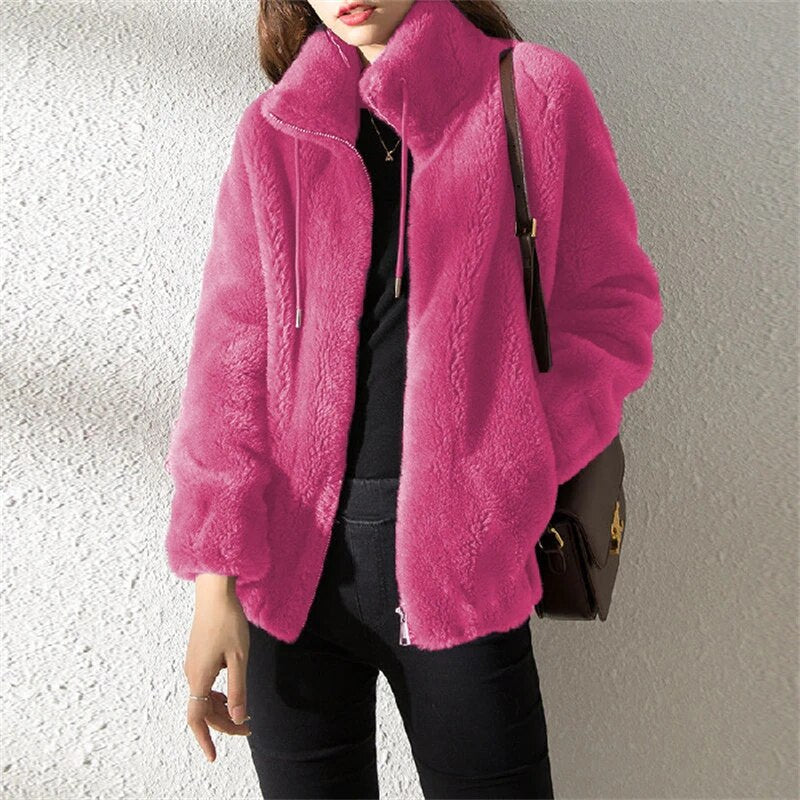 Female Winter Jacket Thickened Double-sided Velvet Stand-up Collar Warm Retro S image 2