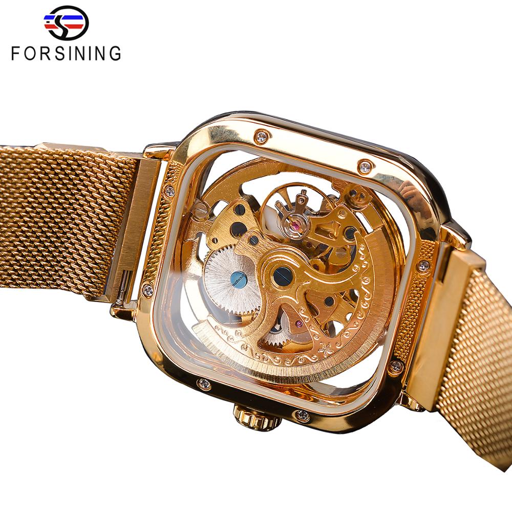 Forsining Golden Men Automatic Watch Square Skeleton Mesh Steel Band Mechanical image 6