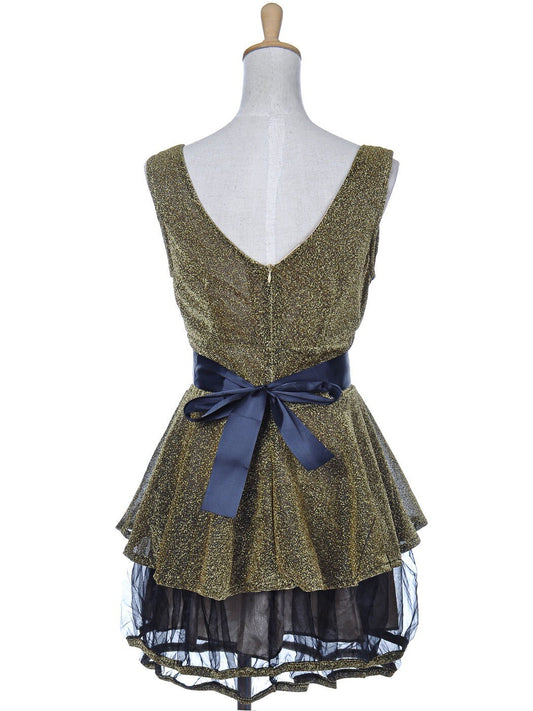 Womens Gold Glitter Tulle Flared Waist Tie V Neck Sleeveless Dress Office Lady image 0