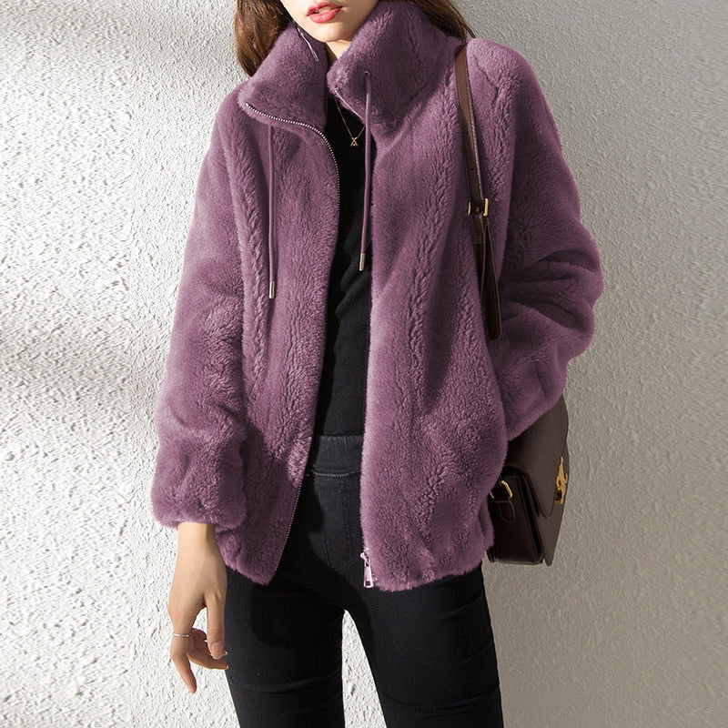Female Winter Jacket Thickened Double-sided Velvet Stand-up Collar Warm Retro S image 8