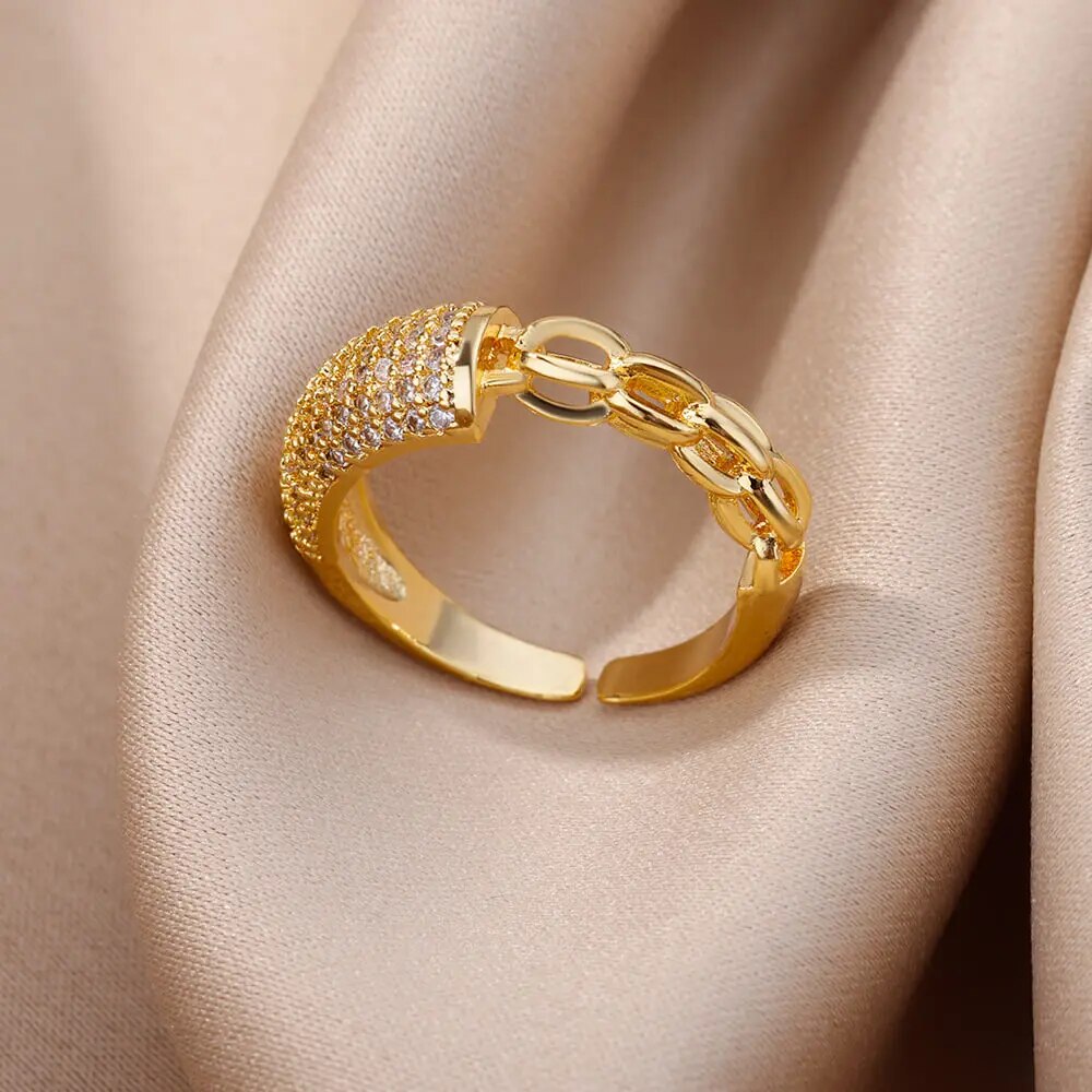 Fashion Gold Color Stainless Steel Rings For Women Chain Hollow Out Crystal Zir image 14