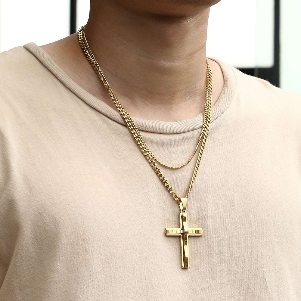 Punk Miami 2Pcs/Set Gold Color Big Cross Pendant Necklace for Men Women Stainle image 1