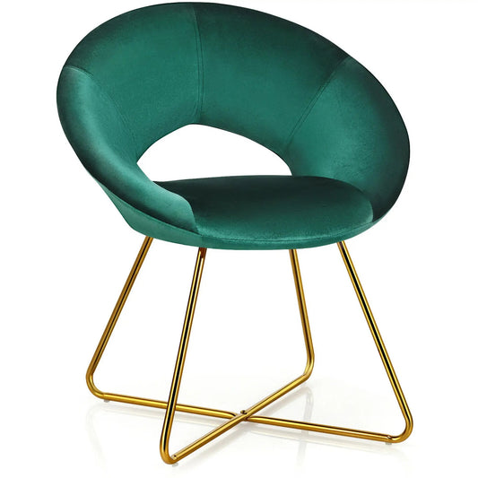 Accent Velvet Chair Dining Arm Chair Make-up Stool W/Golden Metal Leg Dark Gree image 0