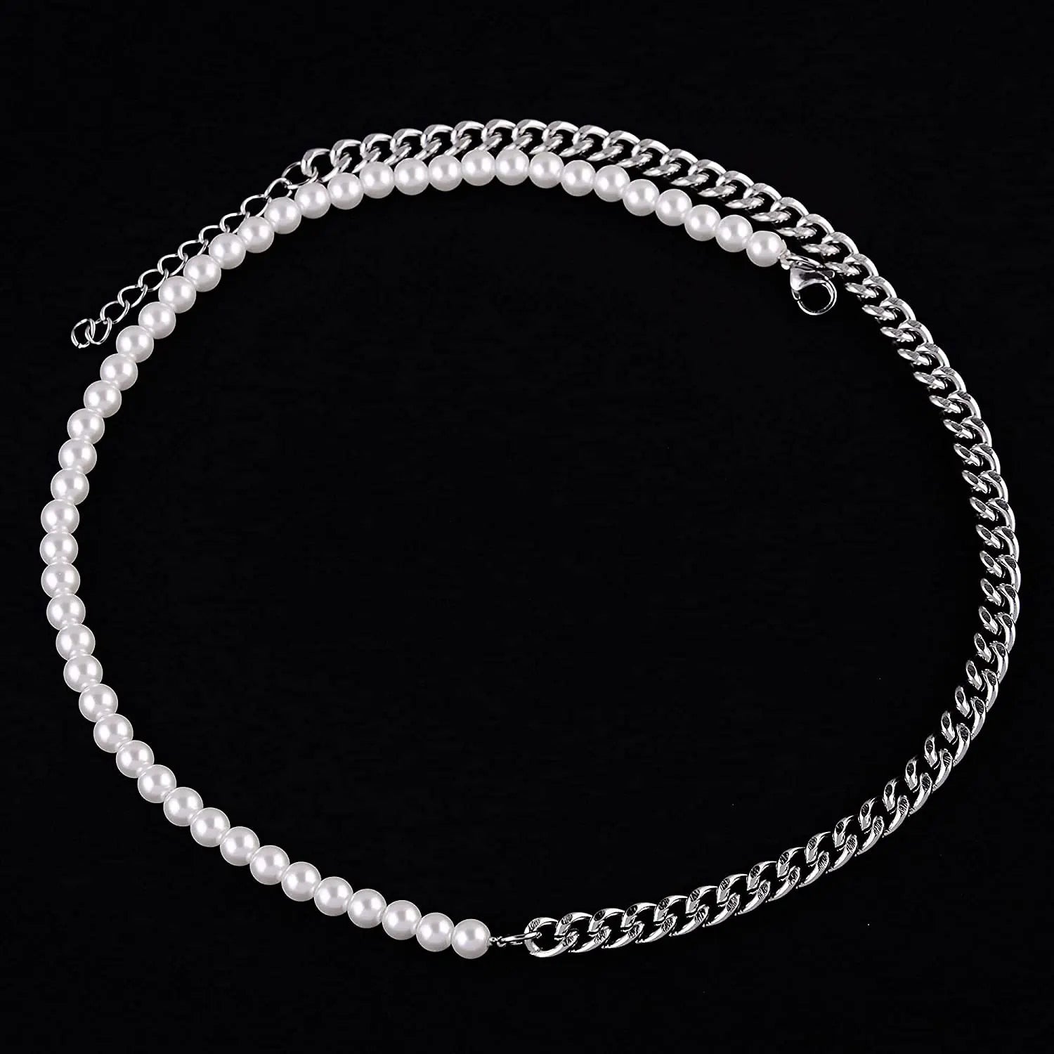 Half Pearl Half Chain Necklace Men Women Silver Gold Color Cuban Link Stainless image 2