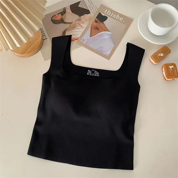 New Wide Shoulder Camisole Square Neck Beautiful Back Threaded Vest Women's Sea image 1