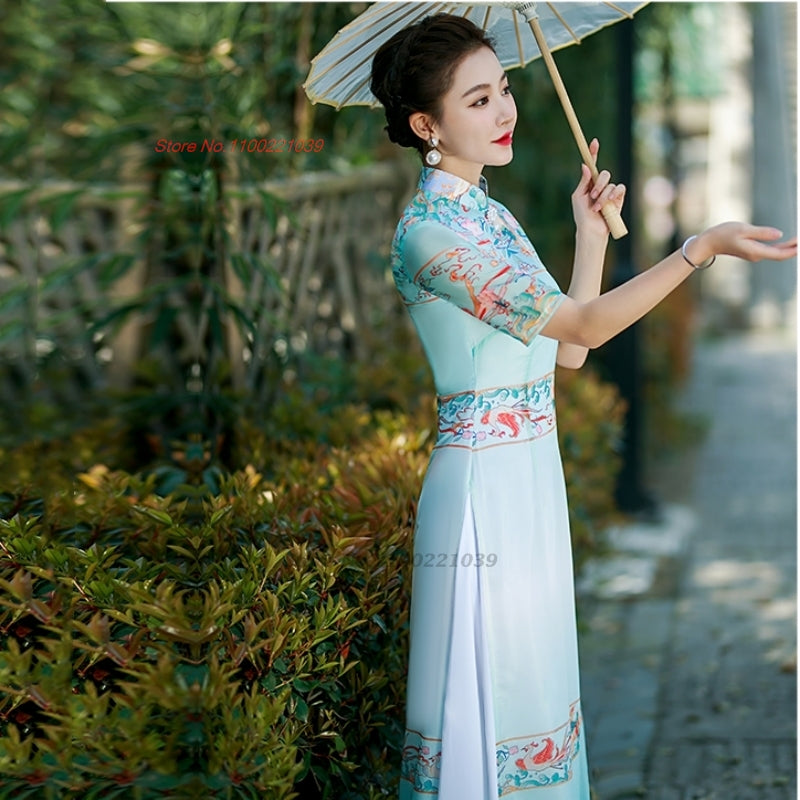 2024 vietnam traditional ao dai  dress national flower print cheongsam oriental image 1