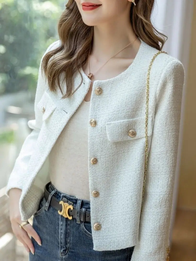 French Wool Tweed Coat Fashion High-end Gold Button Short Slim Temperament Spri image 0