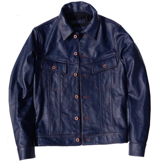 YR!Free shipping.Cuero Super slim blue genuine leather jacket.men classic casua image 0