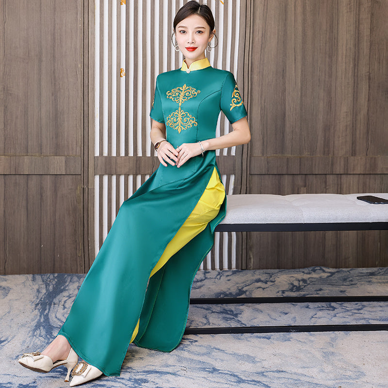Ao Dai Vietnam Improve Qipao Green Women Fashion Long Chinese Style Two Piece S image 4