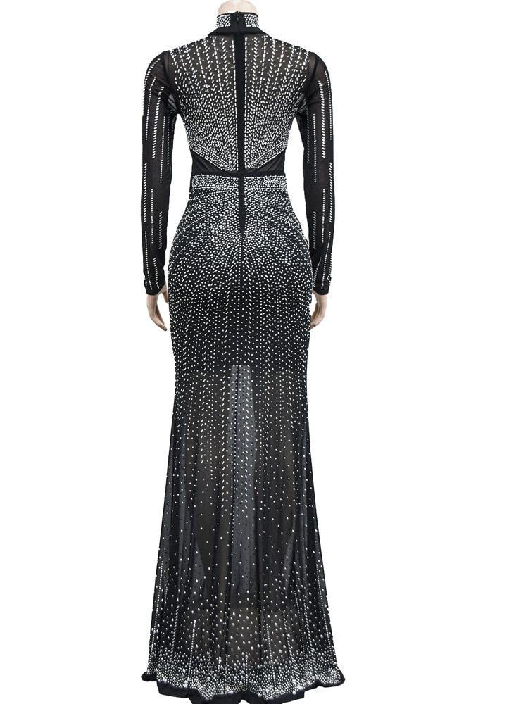 Kricesseen Sexy Blue Rhinestones Mesh Patchwork Sheer Maxi Dress Women New Long image 8