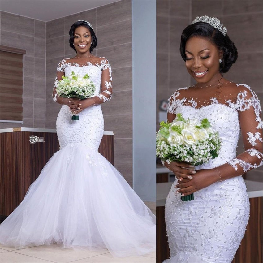 African Luxury Beading Mermaid Wedding Dress Long Sleeve Appliques Pearls Weddi image 1