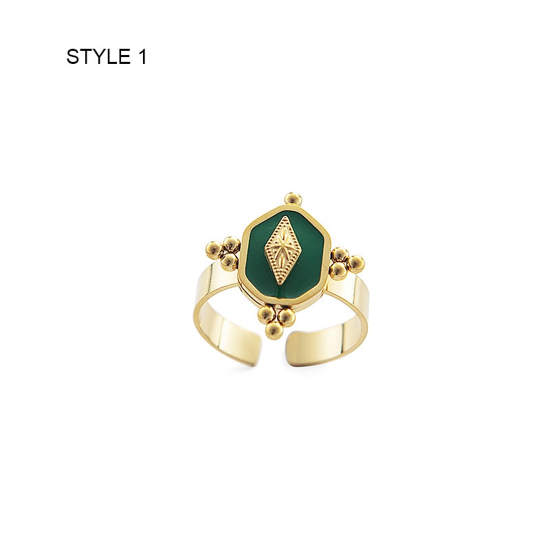 Stainless Steel Gold Plated Geometric Open Rings For Women Vintage Green Enamel image 4