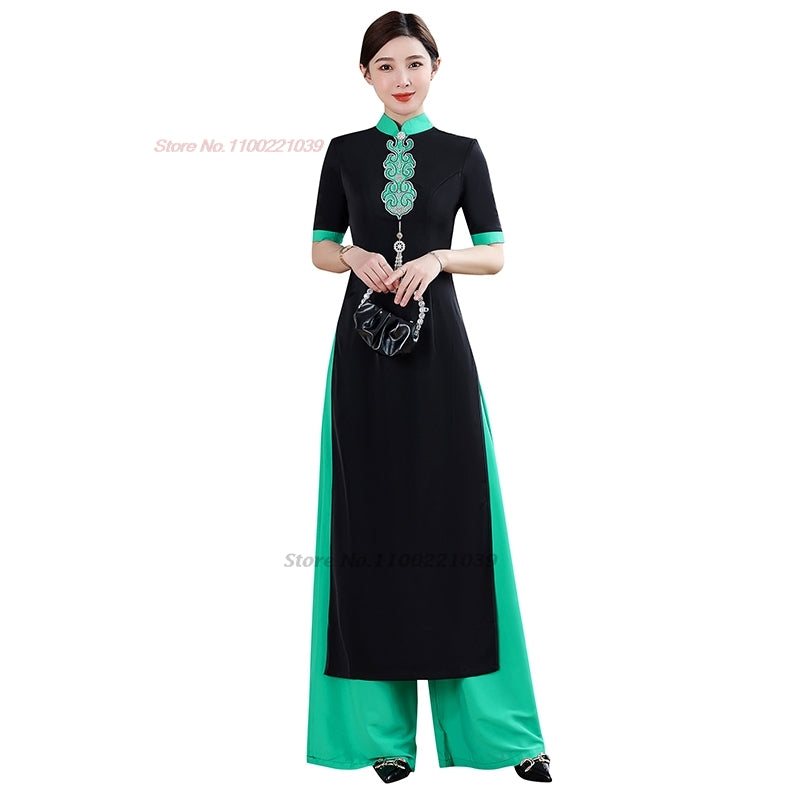 2024 traditional vietnam aodai dress+pants set flower embroidery dress ao dai v image 4