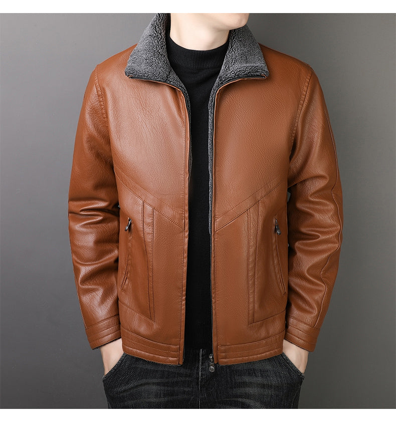 Winter Men's Fur Collar Leather Jacket Fashion Simple Solid Color Windproof Car image 7