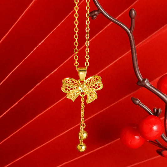 Pure 18 K Gold Color 3D Bow Pendant Women's Necklace for  Women Gold Color Chai image 0