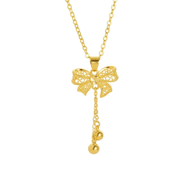 Pure 18 K Gold Color 3D Bow Pendant Women's Necklace for  Women Gold Color Chai image 1
