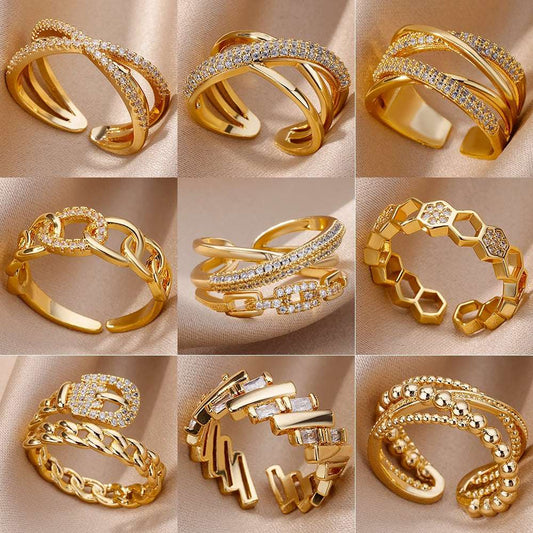 Fashion Gold Color Stainless Steel Rings For Women Chain Hollow Out Crystal Zir image 0