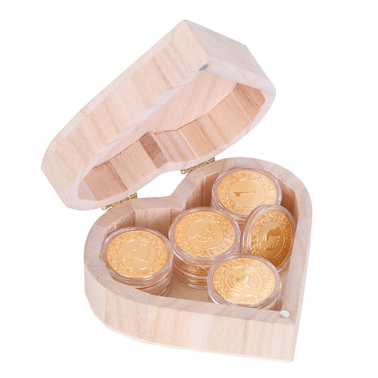 Spanish Golden Wedding Arras De Boda Unity Coins Set With Heart Wood Box Party image 0