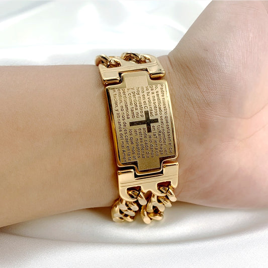 Mens Stainless Steel Bracelet Gold Color Cuban Chain Jesus Cross Bracelet Man image 0