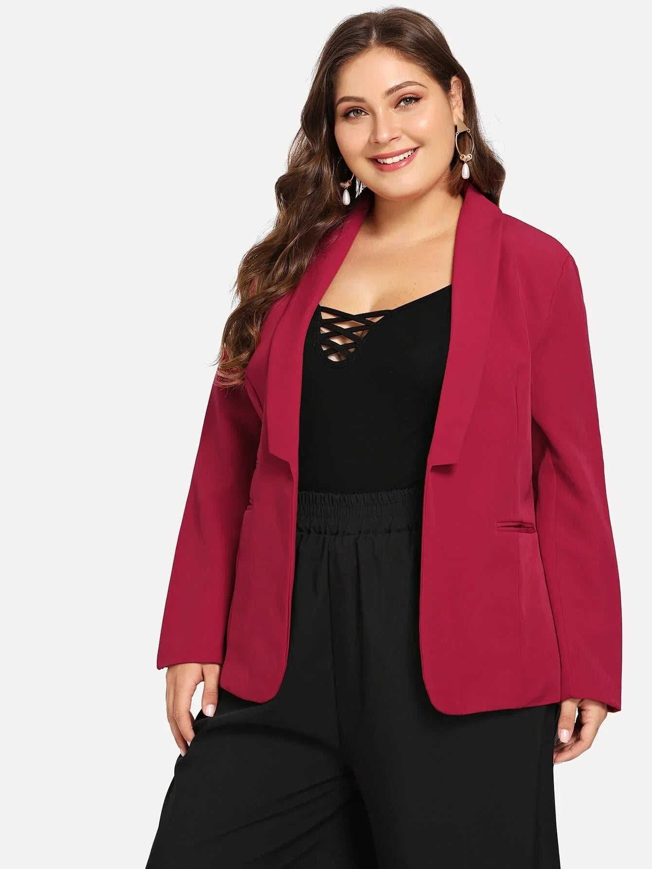 Plus Size Open Front Casual Blazer Women Long Sleeve Pocket Shawl Collar Spring image 6