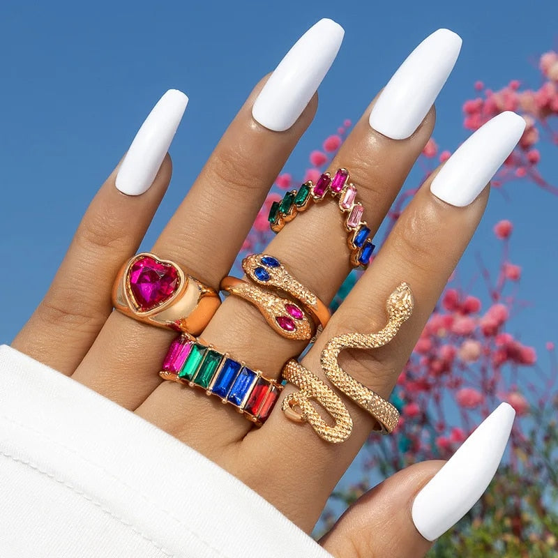 Colorful Crystal Snake Shape Ring Set For Women Fashion Butterfly Heart Gold Co image 20
