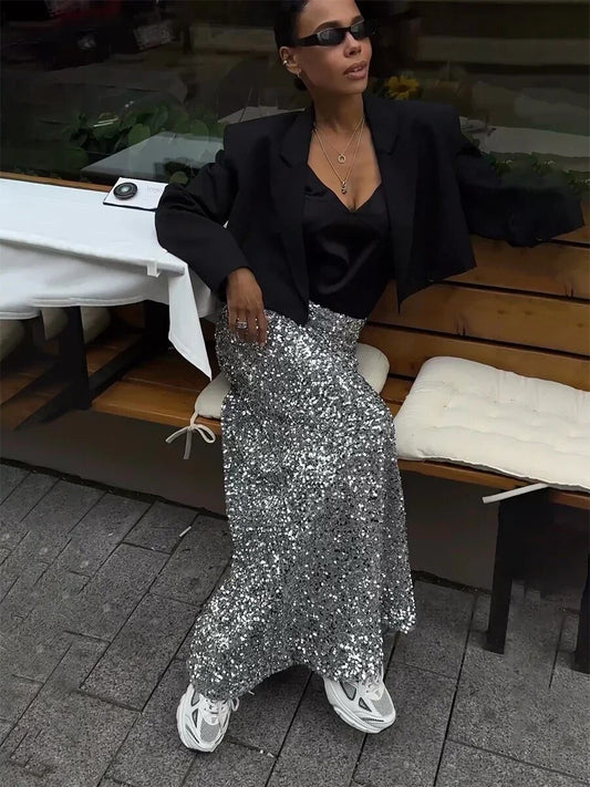 Bornladies Elegant Velvet Silk Sequins Women Skirt 2024 Dropped Waist Long Skir image 0