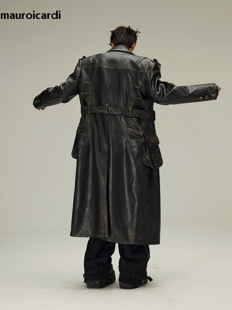 Mauroicardi Spring Autumn Long  Distressed Black Pu Leather Trench Coat Men Bel image 3