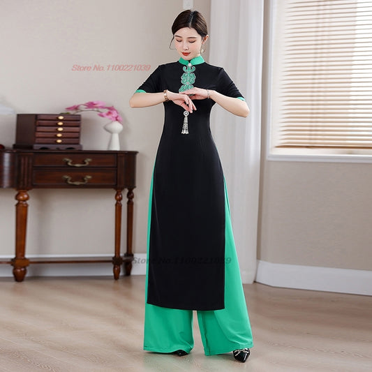 2024 traditional vietnam aodai dress+pants set flower embroidery dress ao dai v image 0