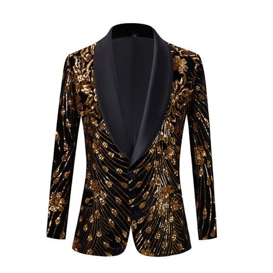 Black Shiny Gold Sequin Glitter Embellished Blazer Jacket Nightclub Prom Suit image 0