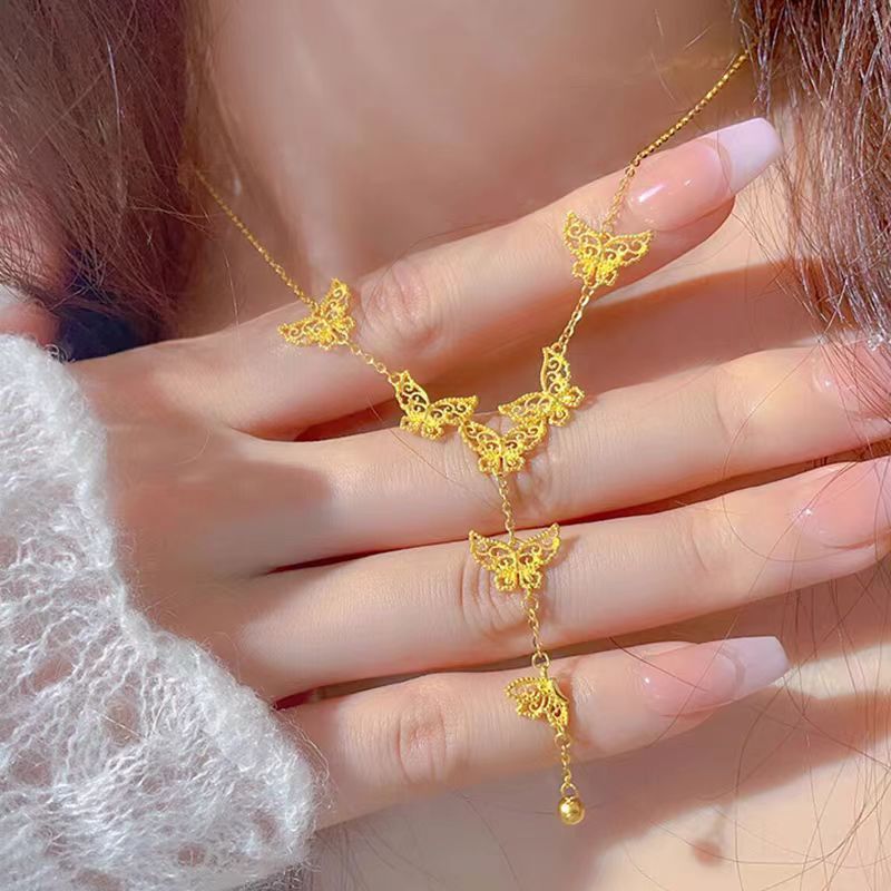 Thick 14 K Gold Color Butterfly Necklace Collar Chain for Women New Fine Neckla image 2