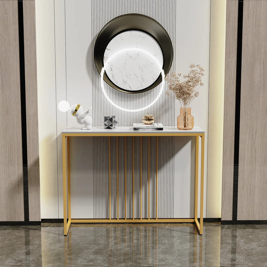 Modern Accent Console Marble Table Gold Metal Frame Storage Display Shelf Narro image 0