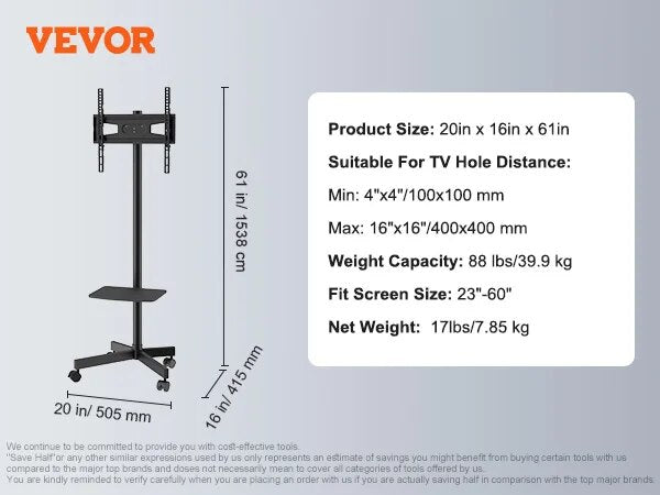 VEVOR Mobile TV Stand Height Adjustable TV Stand with Wheels Double Tray for Au image 2